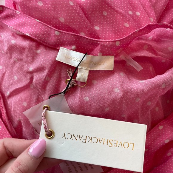 LoveShackFancy Bevelyn Pink White Polka Dot Wrap Dress Long Sleeves Front Slit - Picture 5 of 12